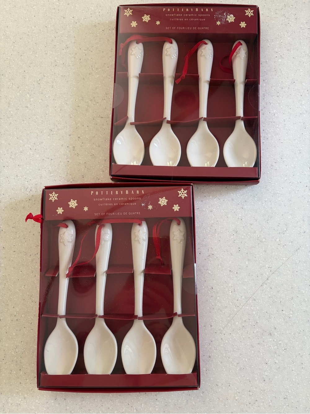 NWT Pottery Barn White Ceramic Snowflake Serving Spoons with Red Ribbon Set of 8